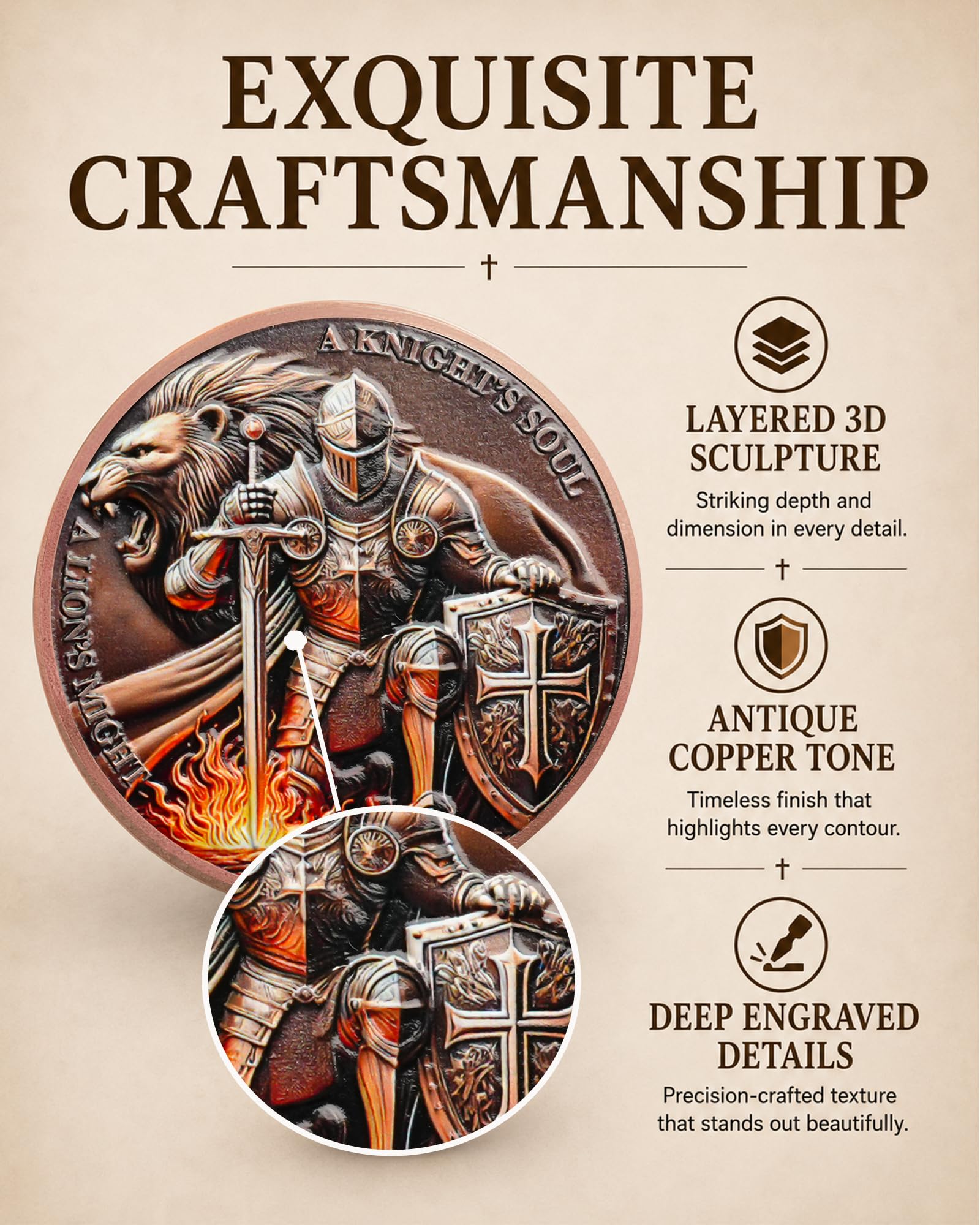 Christian Challenge Coin – Knight & Lion of Judah Design – Tokenara Faith Token