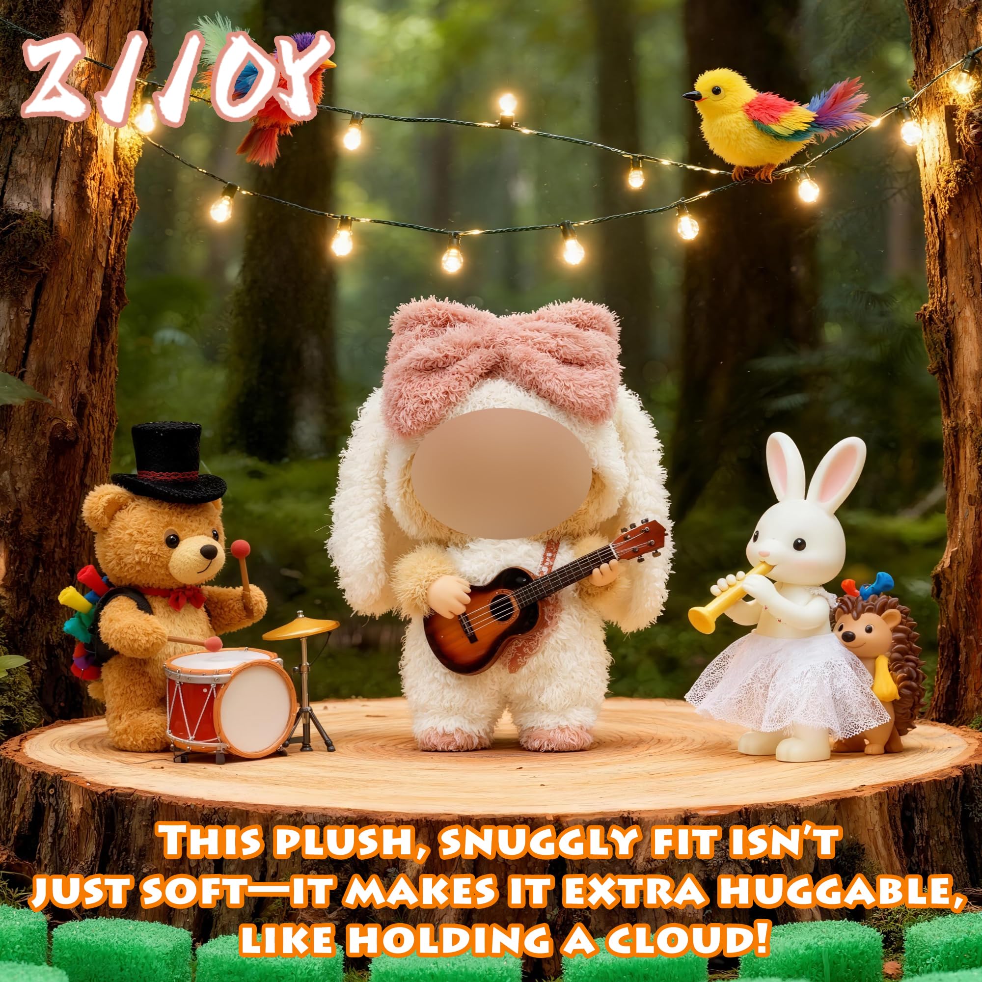 Christmas Bunny Outfit Set for 15cm or 17cm Labubu Dolls – Includes Bow & Pom-Pom, Natural Fabrics