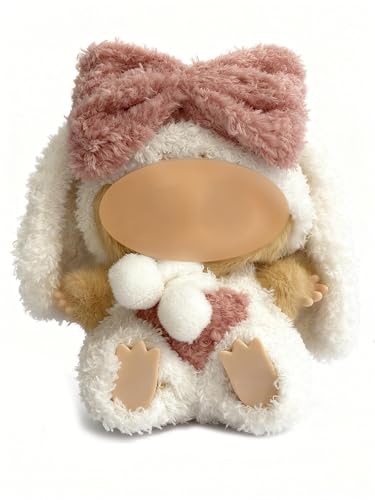 Christmas Bunny Outfit Set for 15cm or 17cm Labubu Dolls – Includes Bow & Pom-Pom, Natural Fabrics