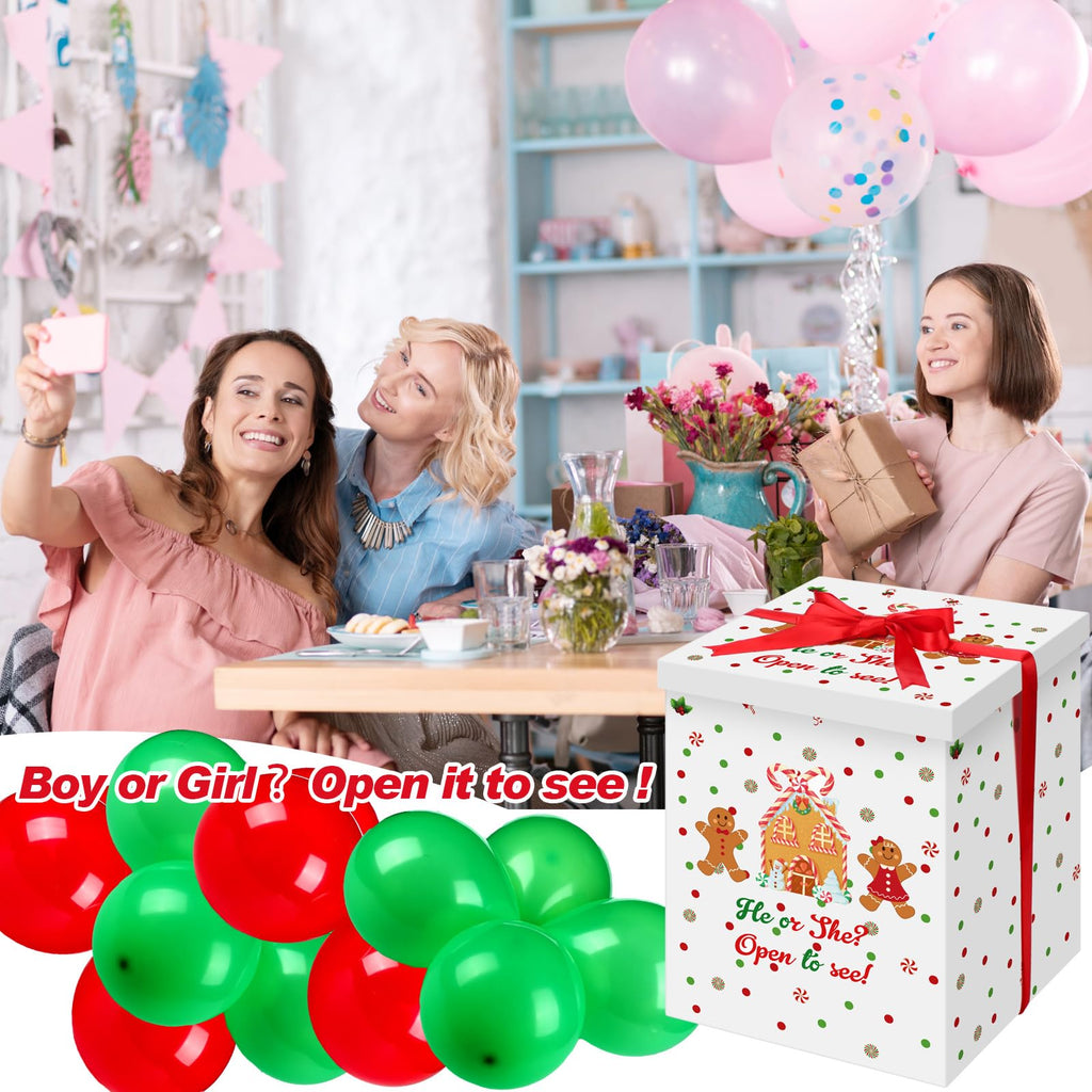 Christmas Gender Reveal Balloon Box - Gingerbread Design with 10 Red & Green Balloons and Ribbon by Hungdao