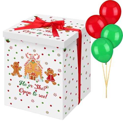 Christmas Gender Reveal Balloon Box - Gingerbread Design with 10 Red & Green Balloons and Ribbon by Hungdao