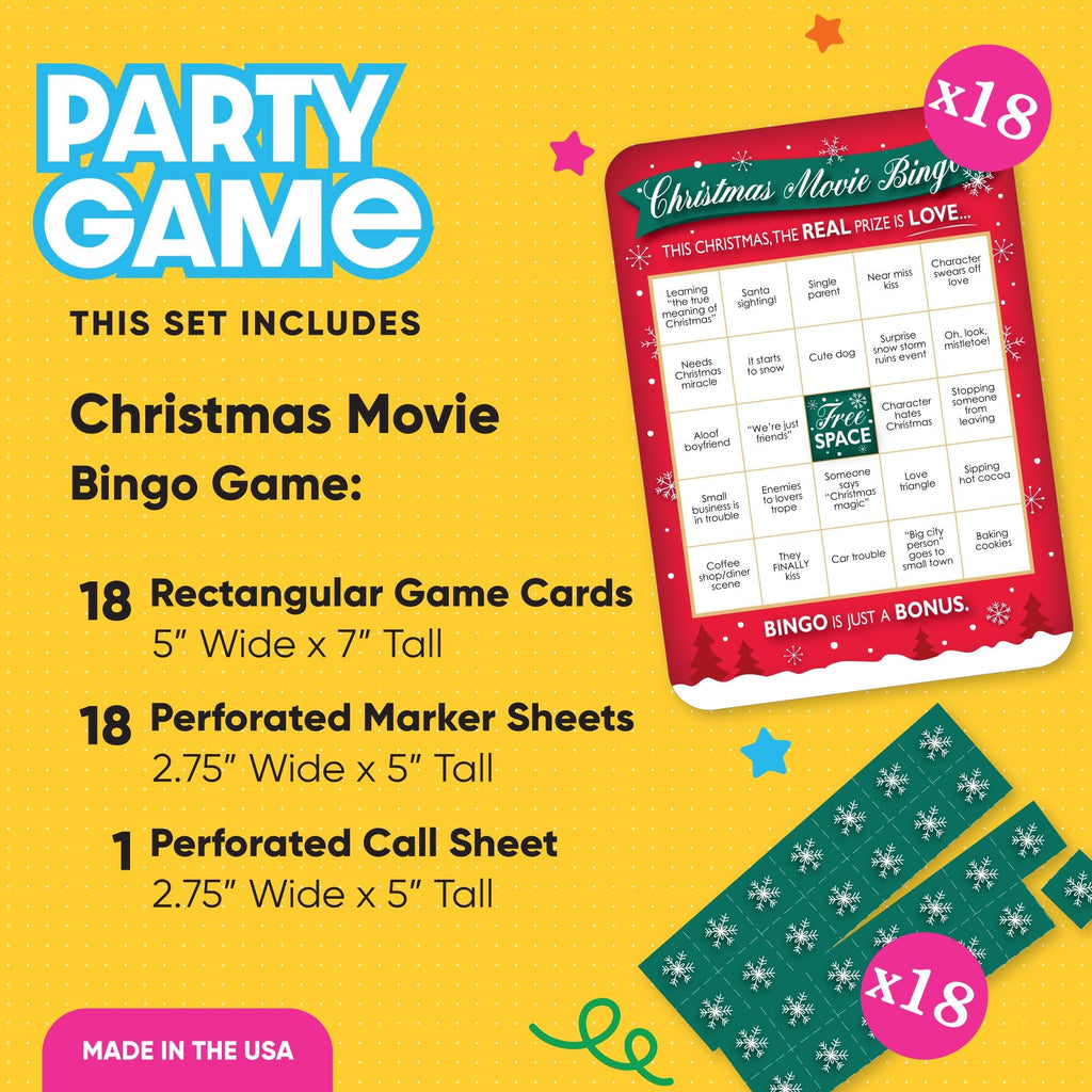Christmas Movie Bingo Set - 18 Cards with Rom Com Holiday Theme - Party Game