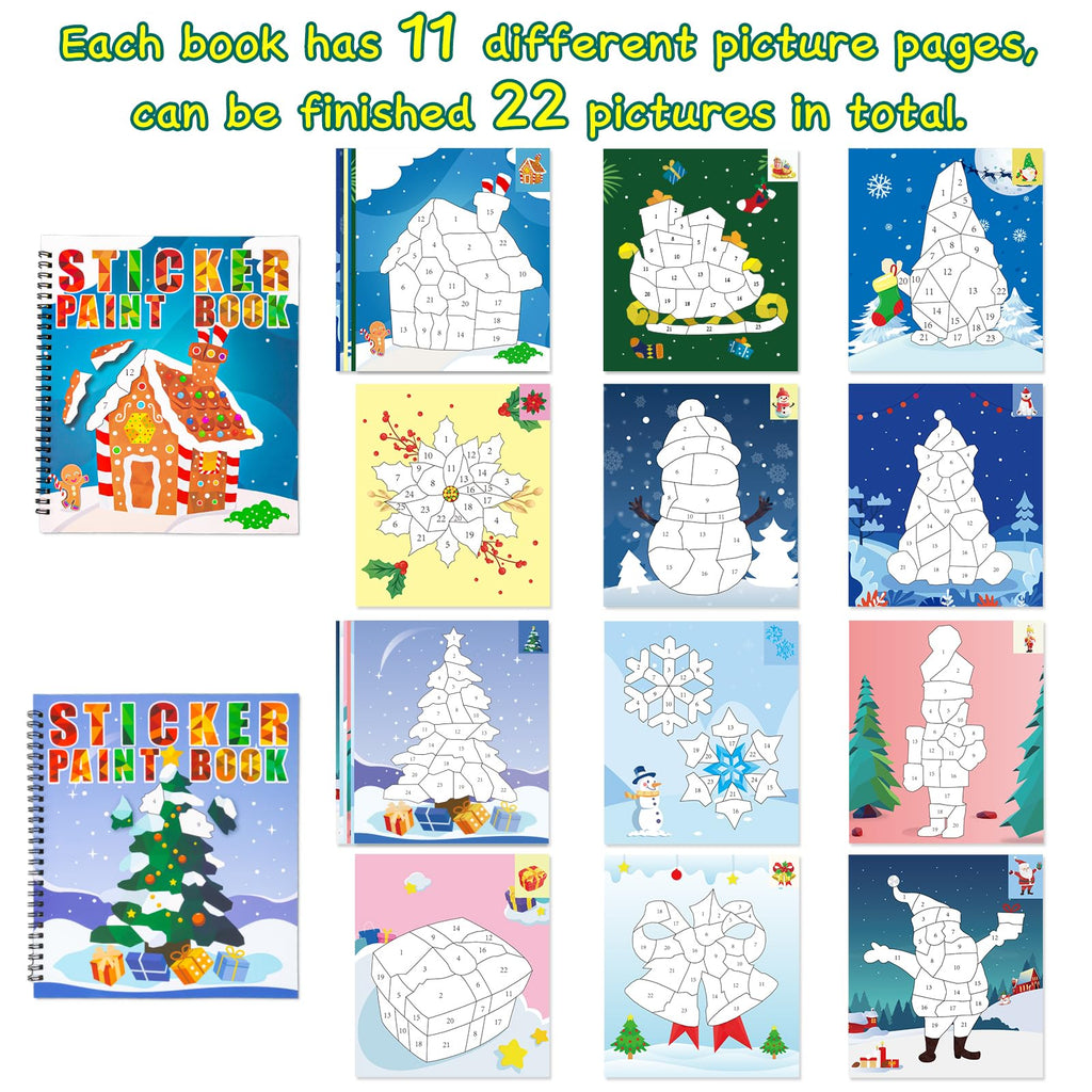 Christmas Sticker Paint Books for Kids Ages 4-8 – 2 Books with 22 Festive Designs (Santa, Snowman, Elf, Gnome)