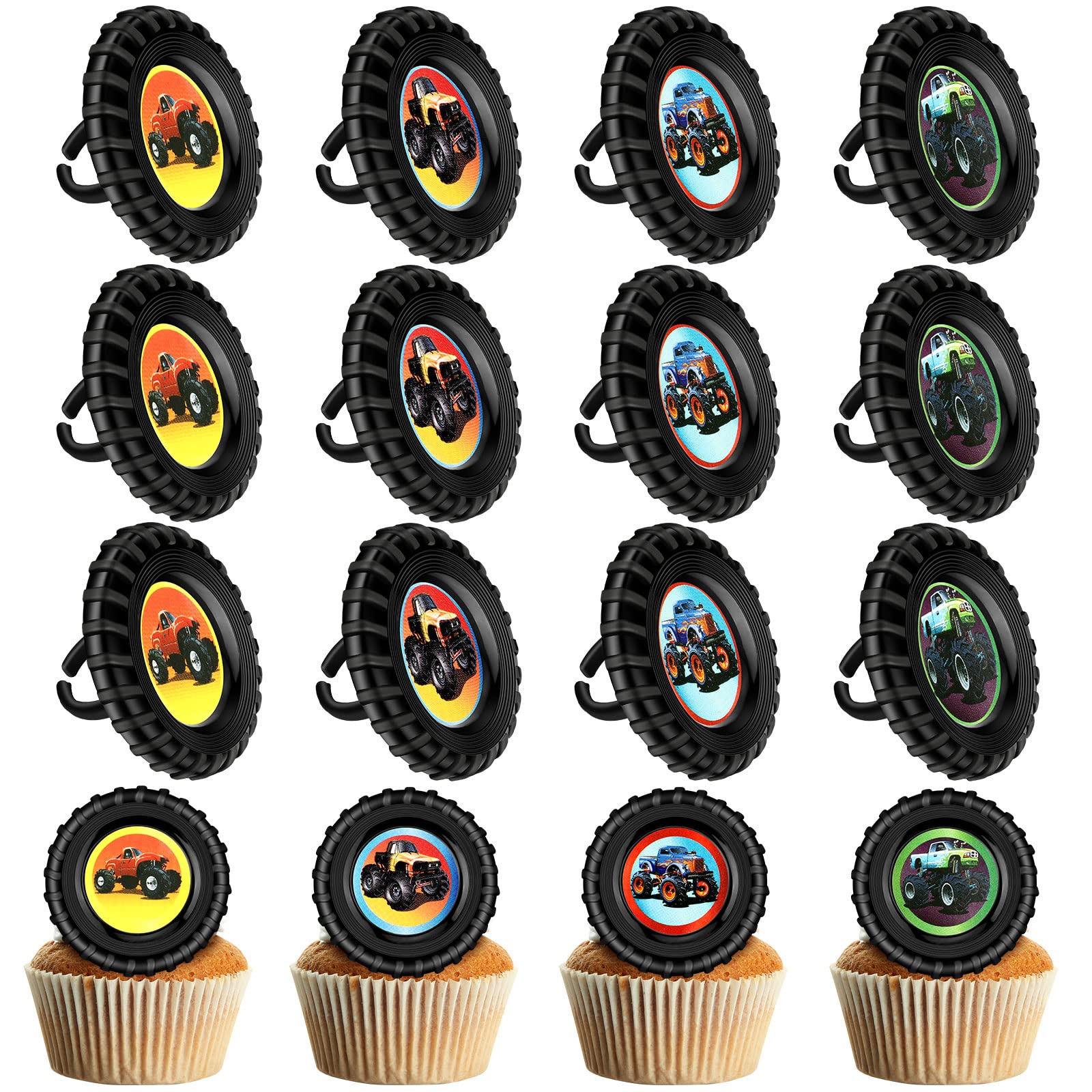 Chuangdi 48-Pack Monster Truck Cupcake Toppers – 4 Styles, Tire-Shaped Rings for Birthday Party Decor