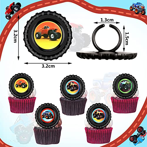 Chuangdi 48-Pack Monster Truck Cupcake Toppers – 4 Styles, Tire-Shaped Rings for Birthday Party Decor