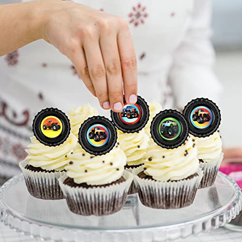 Chuangdi 48-Pack Monster Truck Cupcake Toppers – 4 Styles, Tire-Shaped Rings for Birthday Party Decor