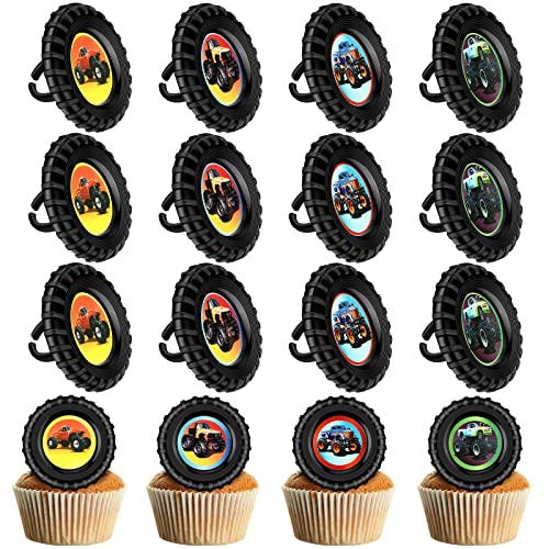 Chuangdi 48-Pack Monster Truck Cupcake Toppers – 4 Styles, Tire-Shaped Rings for Birthday Party Decor