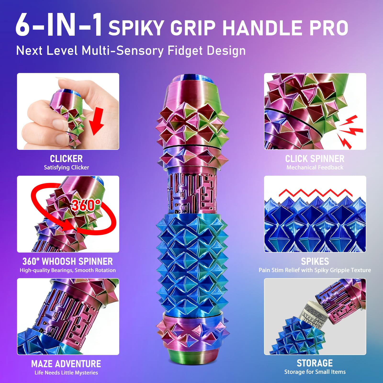 CHUAWANLY 6-in-1 Spiky Fidget Toy for Adults – Clicker, Spinner, Maze, Storage & Spiky Grip – Stress Relief Keychain (2026 Upgrade)