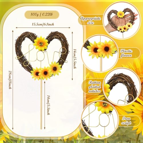 Chunful Sunflower Wedding Cake Topper - Rustic Heart Shaped Floral Vine Decoration with LOVE Sign for Weddings, Bridal Showers, Engagements