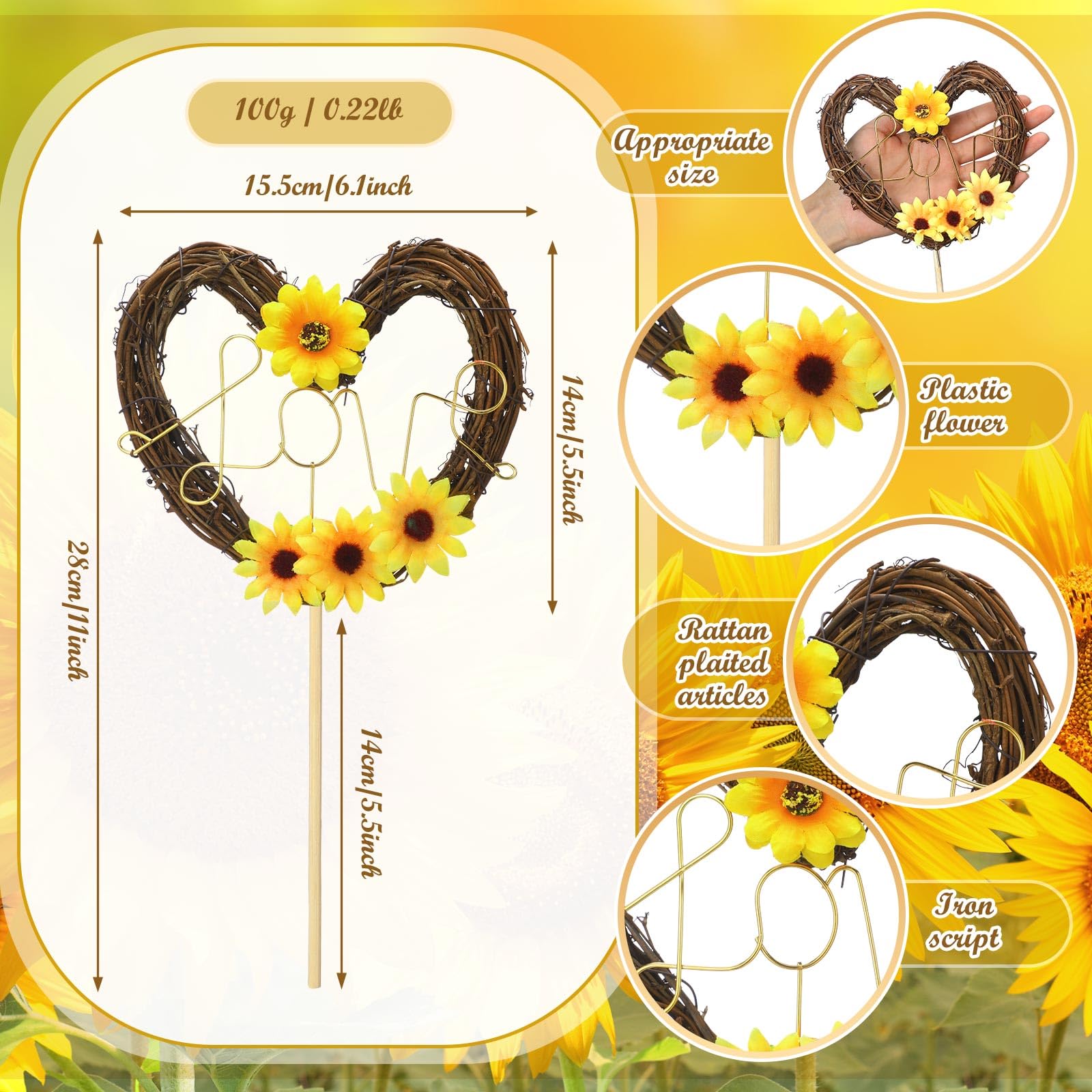 Chunful Sunflower Wedding Cake Topper - Rustic Heart Shaped Floral Vine Decoration with LOVE Sign for Weddings, Bridal Showers, Engagements