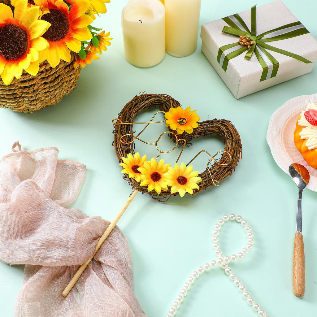 Chunful Sunflower Wedding Cake Topper - Rustic Heart Shaped Floral Vine Decoration with LOVE Sign for Weddings, Bridal Showers, Engagements