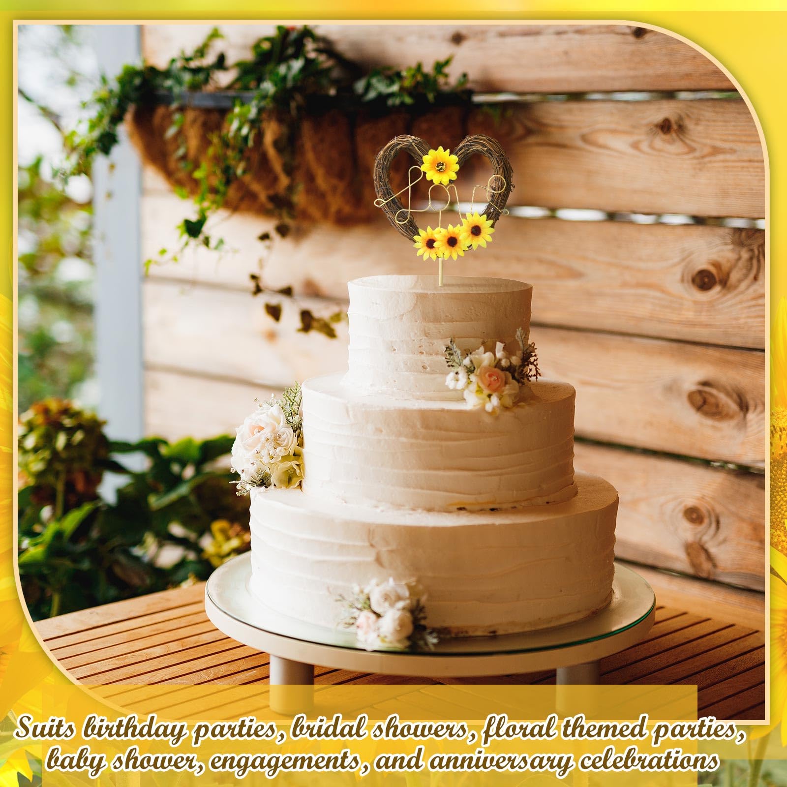 Chunful Sunflower Wedding Cake Topper - Rustic Heart Shaped Floral Vine Decoration with LOVE Sign for Weddings, Bridal Showers, Engagements