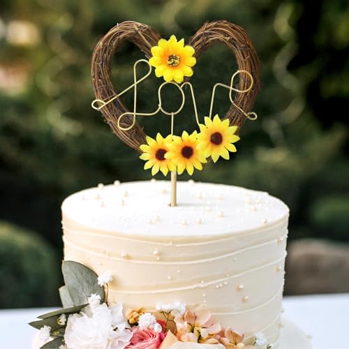 Chunful Sunflower Wedding Cake Topper - Rustic Heart Shaped Floral Vine Decoration with LOVE Sign for Weddings, Bridal Showers, Engagements