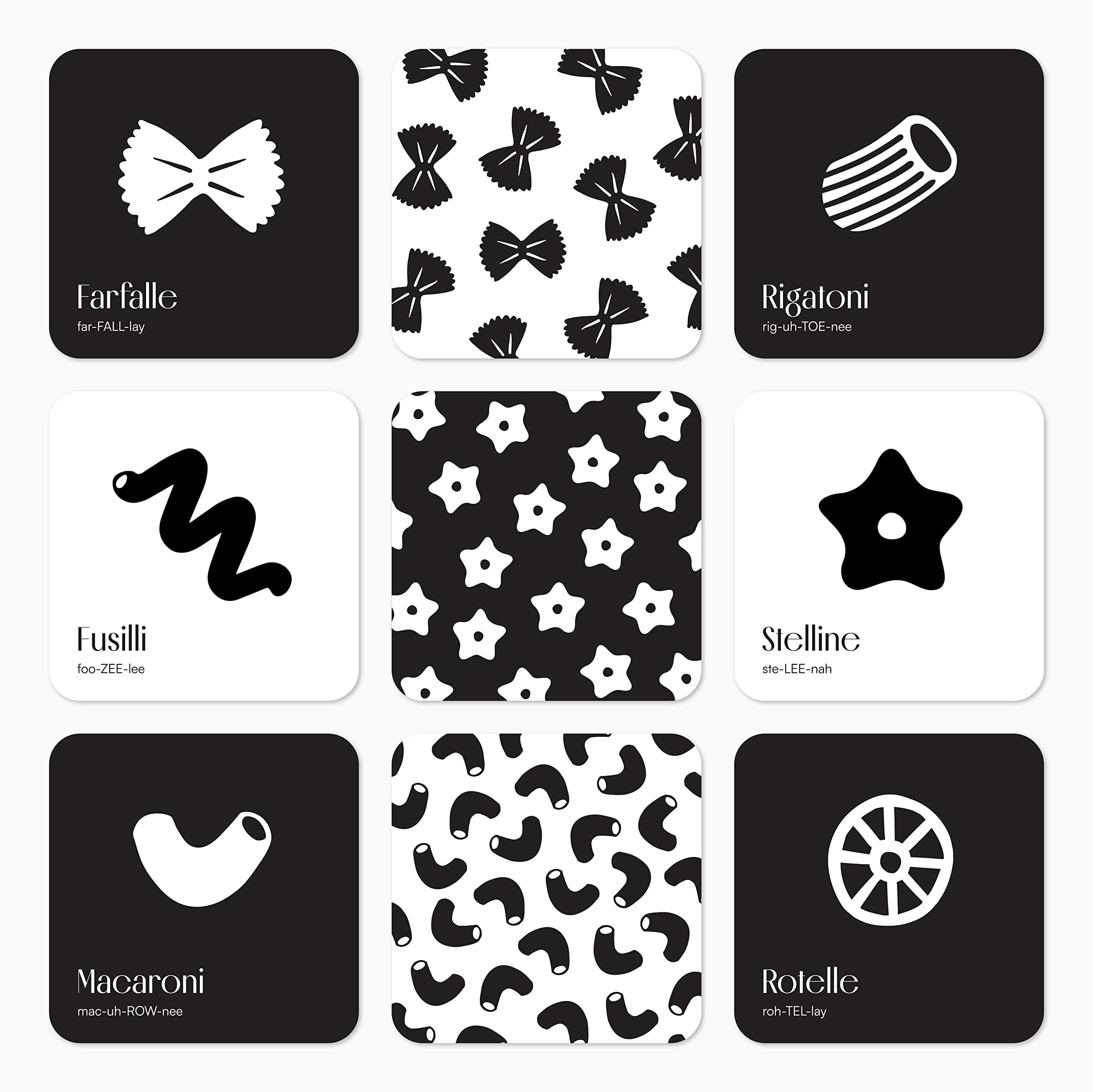 Chunky Deli High Contrast Pasta Flash Cards for Newborns – Black & White Sensory Toy for Tummy Time, 0+ Months