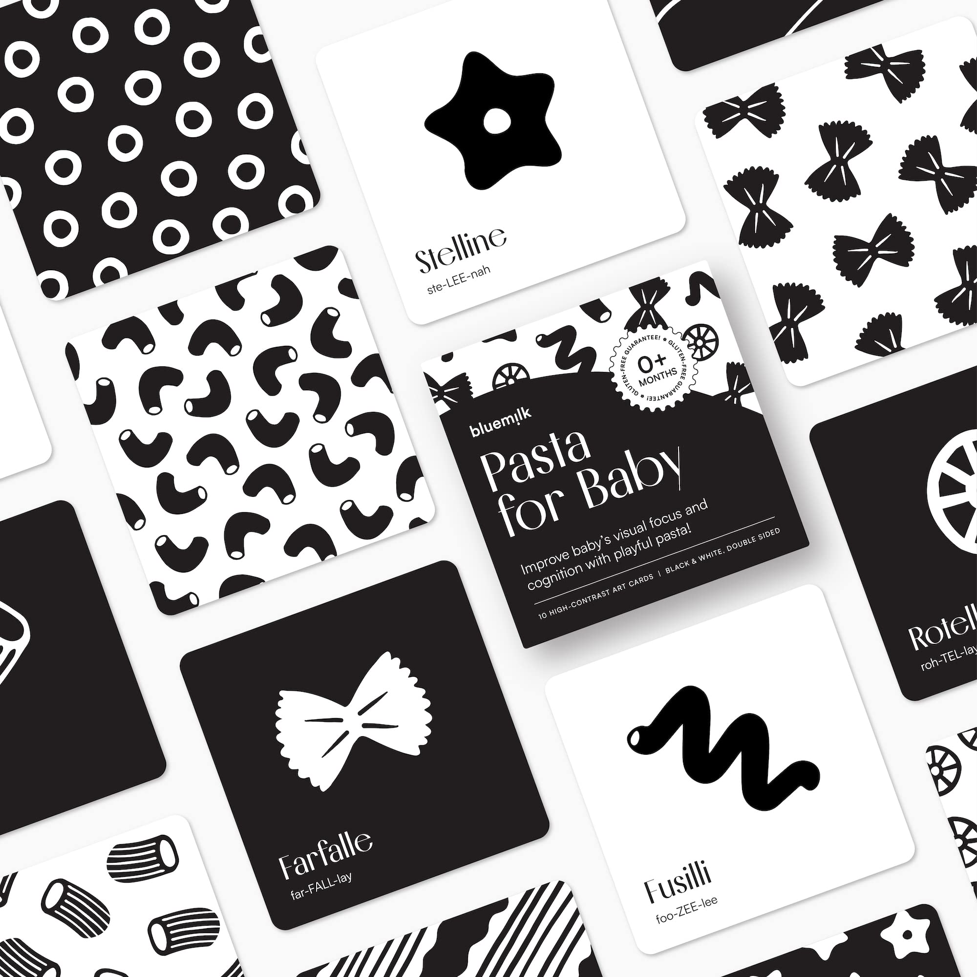 Chunky Deli High Contrast Pasta Flash Cards for Newborns – Black & White Sensory Toy for Tummy Time, 0+ Months