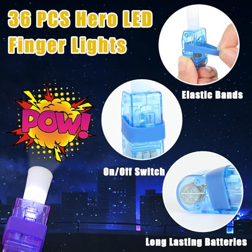 CHUNNIN 36 Pack Superhero Themed LED Finger Lights with 6 Comic Patterns for Party Favors