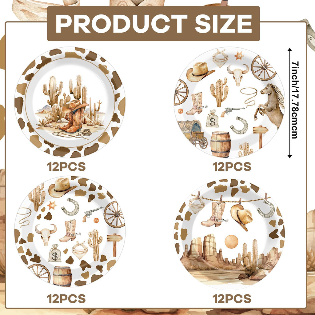 CHUNNIN 48-Pack Western Cowboy Paper Plates – 7-Inch Disposable Dinner Plates for Wild West Theme Parties