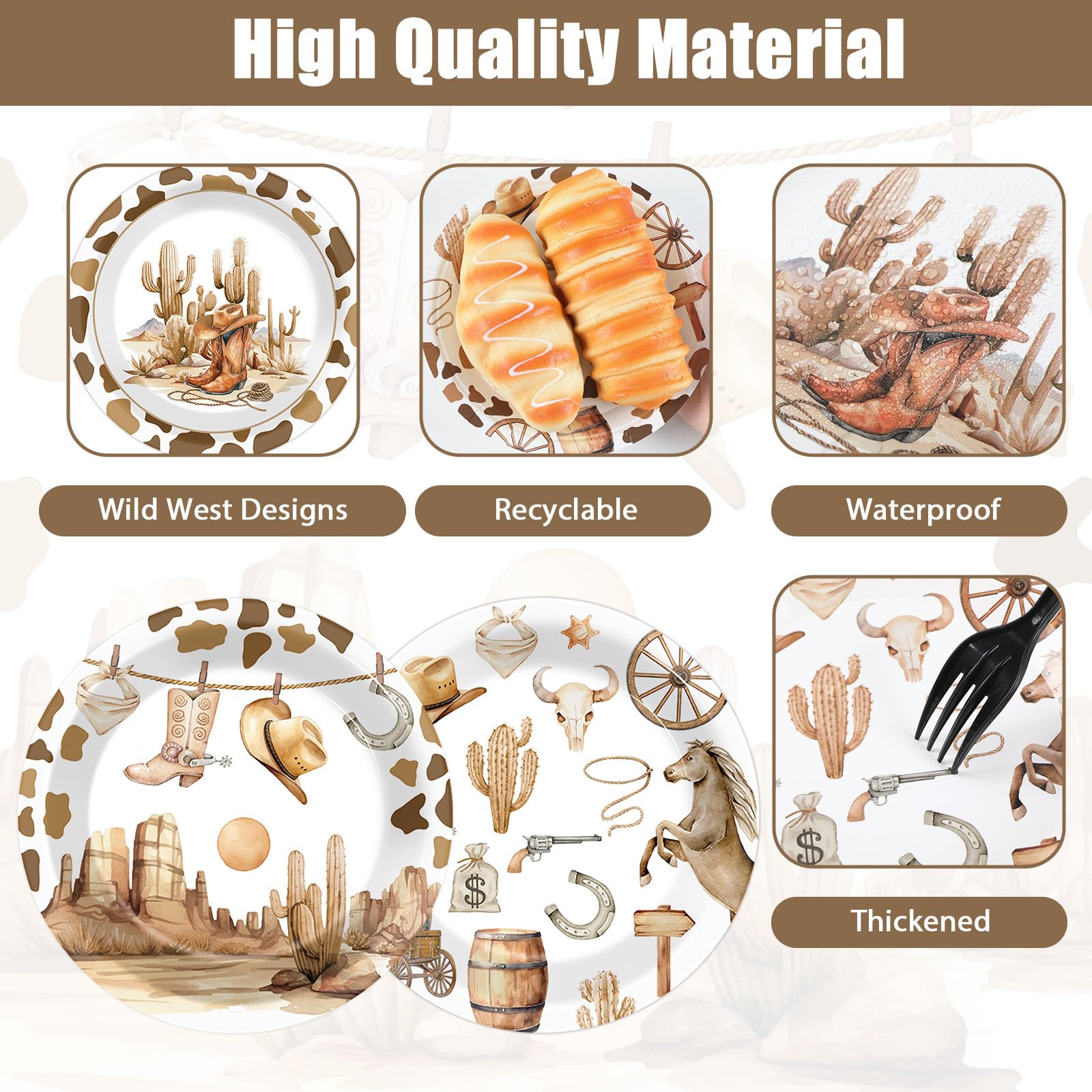 CHUNNIN 48-Pack Western Cowboy Paper Plates – 7-Inch Disposable Dinner Plates for Wild West Theme Parties
