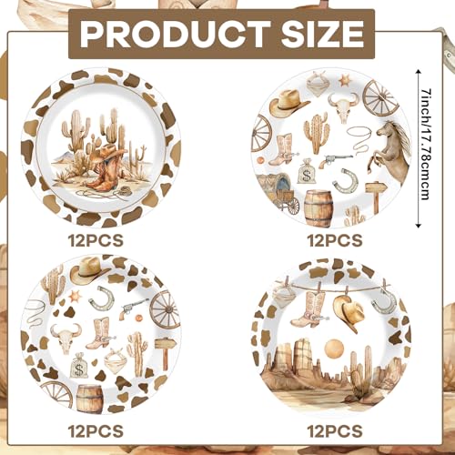 CHUNNIN 48-Pack Western Cowboy Paper Plates – 7-Inch Disposable Dinner Plates for Wild West Theme Parties