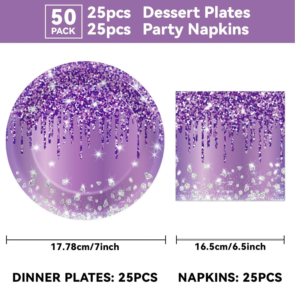 CHUNNIN 50-Piece Purple and Silver Birthday Plates and Napkins Set for 25 Guests