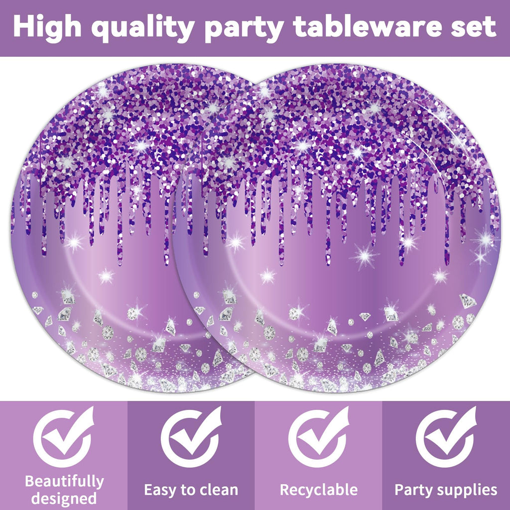 CHUNNIN 50-Piece Purple and Silver Birthday Plates and Napkins Set for 25 Guests