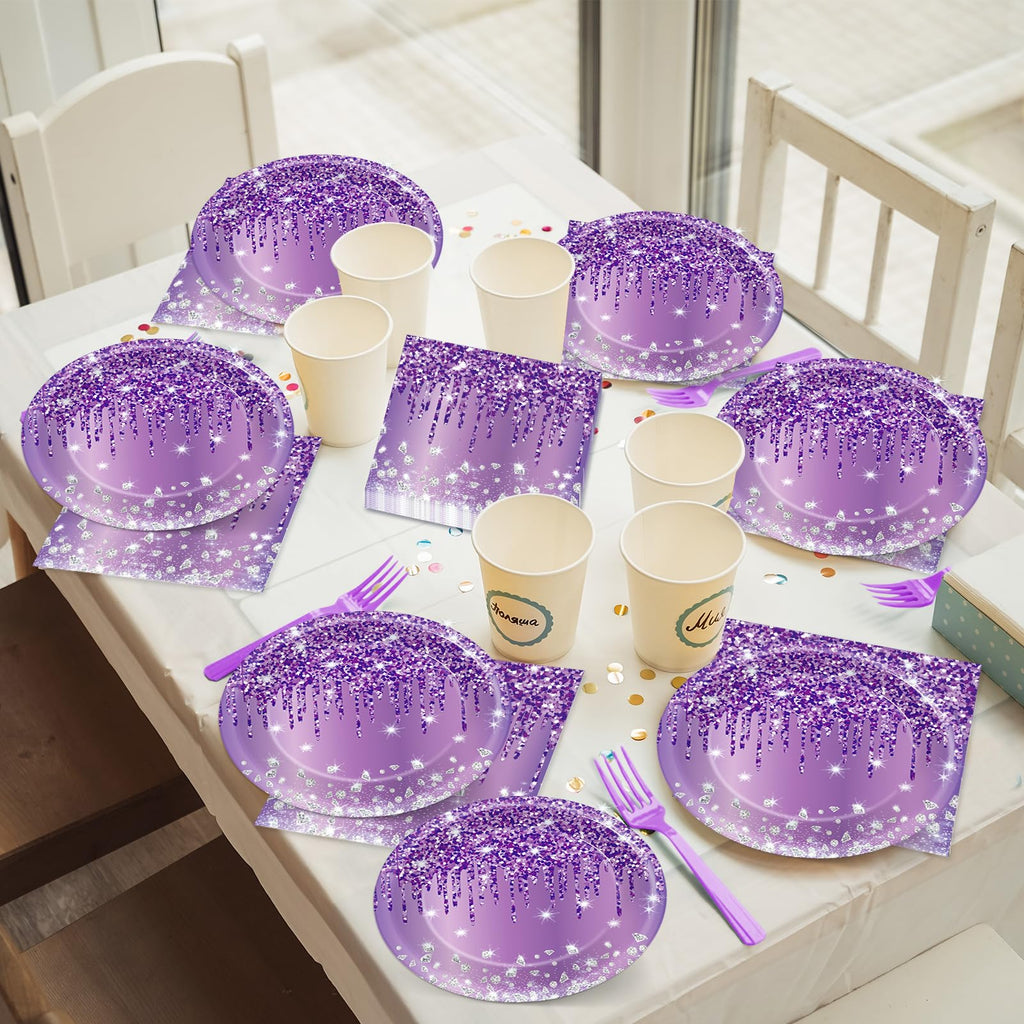 CHUNNIN 50-Piece Purple and Silver Birthday Plates and Napkins Set for 25 Guests
