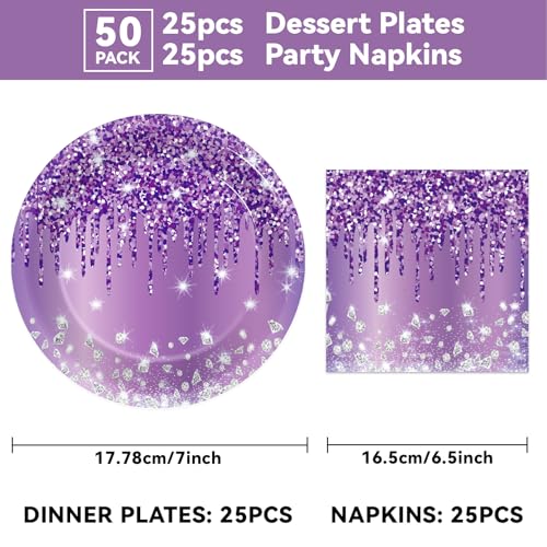 CHUNNIN 50-Piece Purple and Silver Birthday Plates and Napkins Set for 25 Guests