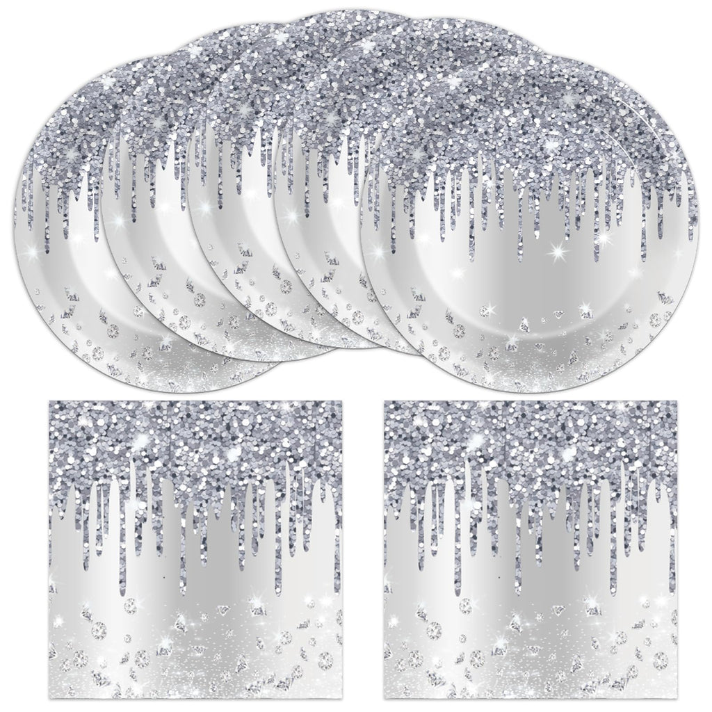CHUNNIN 50-Piece Silver Glitter Diamond Disposable Plates and Napkins Set for 25 Guests, Birthday Party Decorations