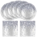 CHUNNIN 50-Piece Silver Glitter Diamond Disposable Plates and Napkins Set for 25 Guests, Birthday Party Decorations