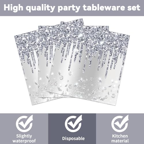 CHUNNIN 50-Piece Silver Glitter Diamond Disposable Plates and Napkins Set for 25 Guests, Birthday Party Decorations