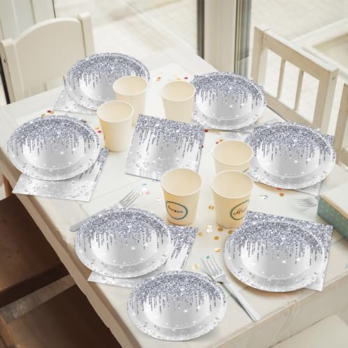 CHUNNIN 50-Piece Silver Glitter Diamond Disposable Plates and Napkins Set for 25 Guests, Birthday Party Decorations