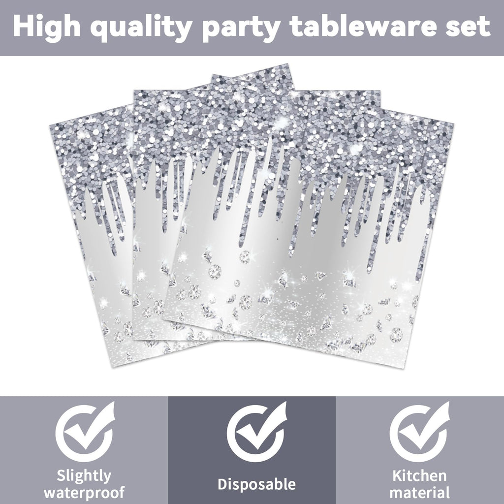CHUNNIN 50-Piece Silver Glitter Diamond Disposable Plates and Napkins Set for 25 Guests, Birthday Party Decorations