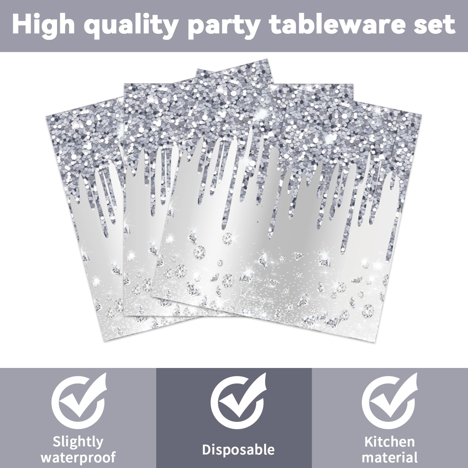 CHUNNIN 50-Piece Silver Glitter Diamond Disposable Plates and Napkins Set for 25 Guests, Birthday Party Decorations