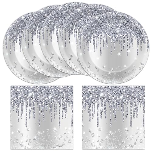 CHUNNIN 50-Piece Silver Glitter Diamond Disposable Plates and Napkins Set for 25 Guests, Birthday Party Decorations