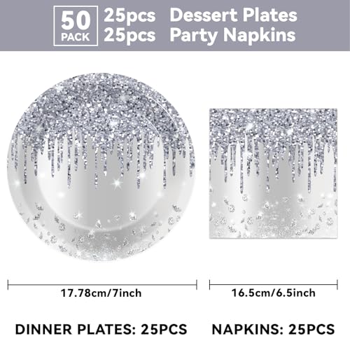 CHUNNIN 50-Piece Silver Glitter Diamond Disposable Plates and Napkins Set for 25 Guests, Birthday Party Decorations