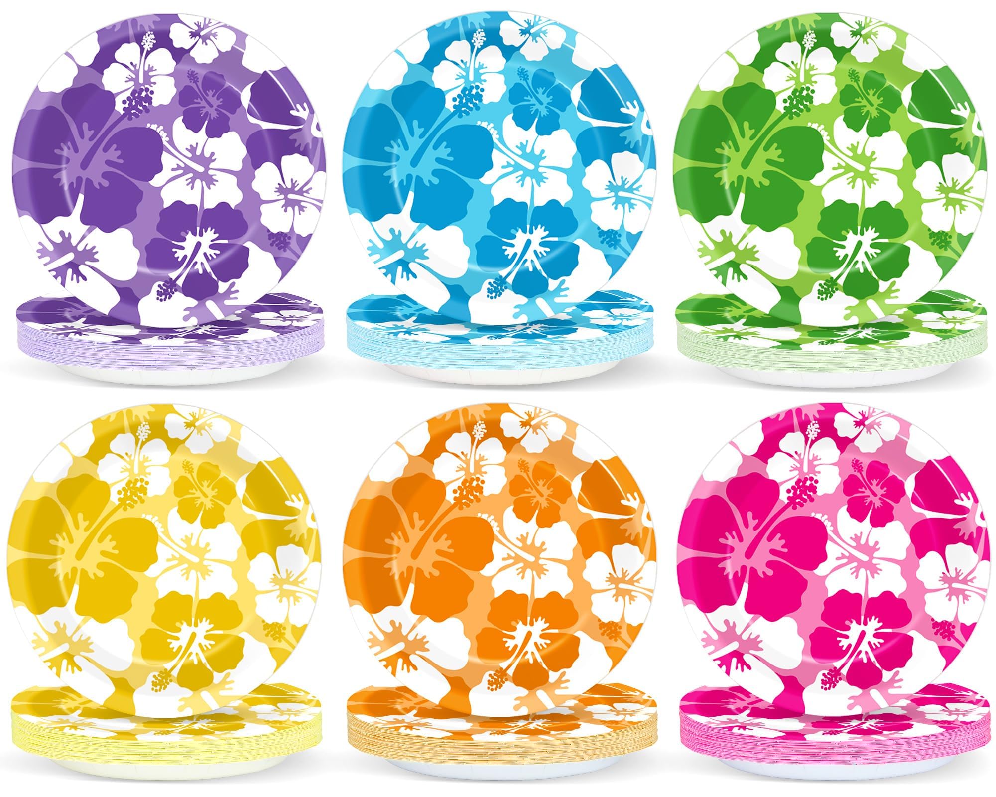 CHUNNIN 60-Pack Hibiscus Paper Plates - 7 Inch Disposable Party Plates for Summer Beach Birthday Pool Party Supplies