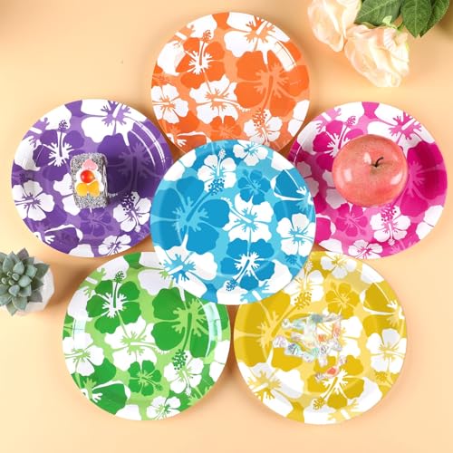 CHUNNIN 60-Pack Hibiscus Paper Plates - 7 Inch Disposable Party Plates for Summer Beach Birthday Pool Party Supplies