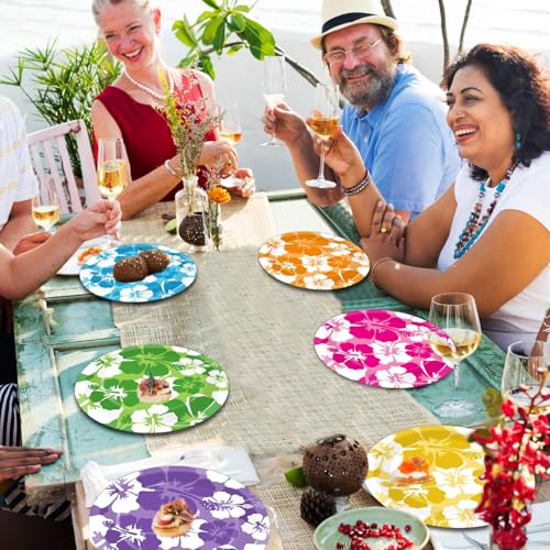 CHUNNIN 60-Pack Hibiscus Paper Plates - 7 Inch Disposable Party Plates for Summer Beach Birthday Pool Party Supplies
