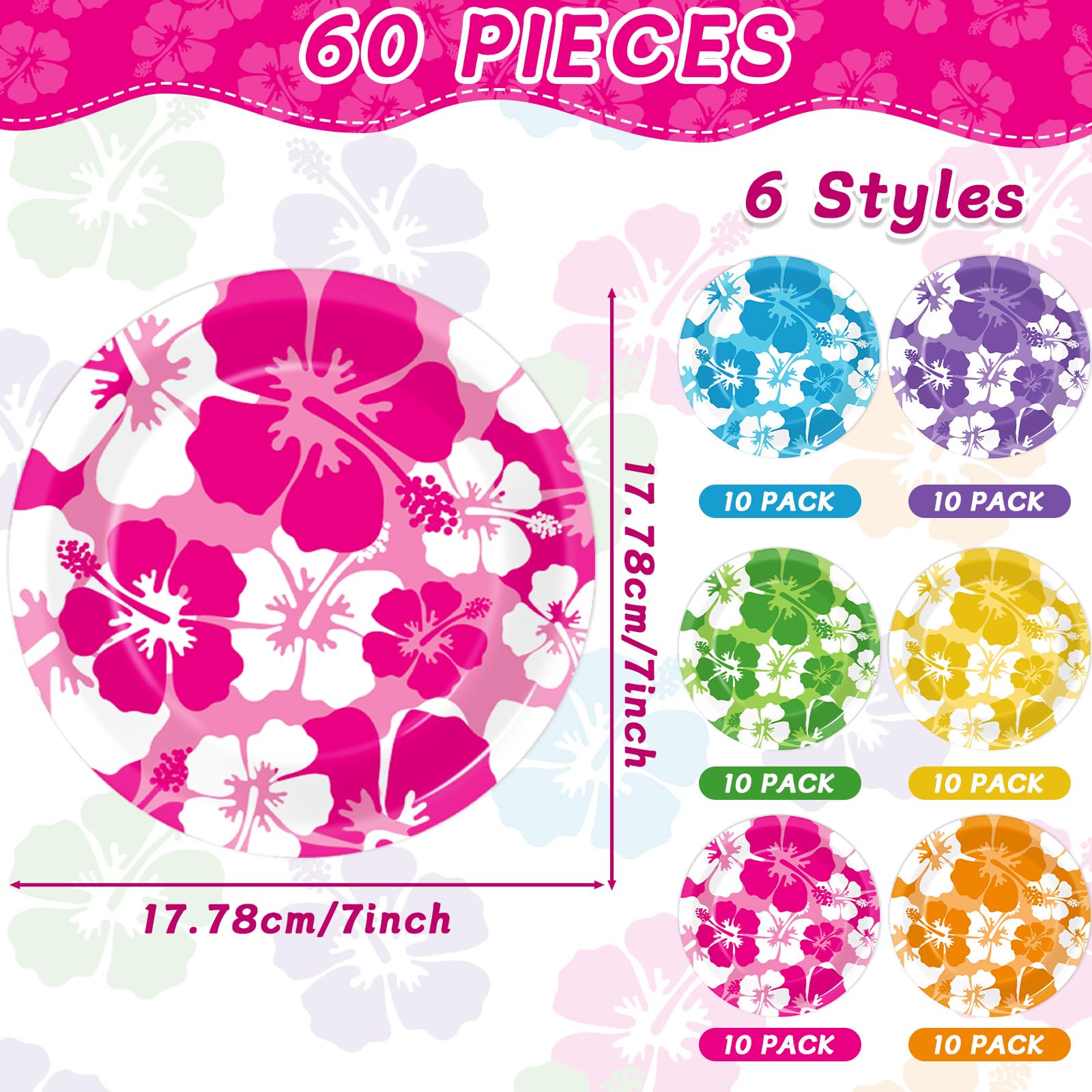 CHUNNIN 60-Pack Hibiscus Paper Plates - 7 Inch Disposable Party Plates for Summer Beach Birthday Pool Party Supplies