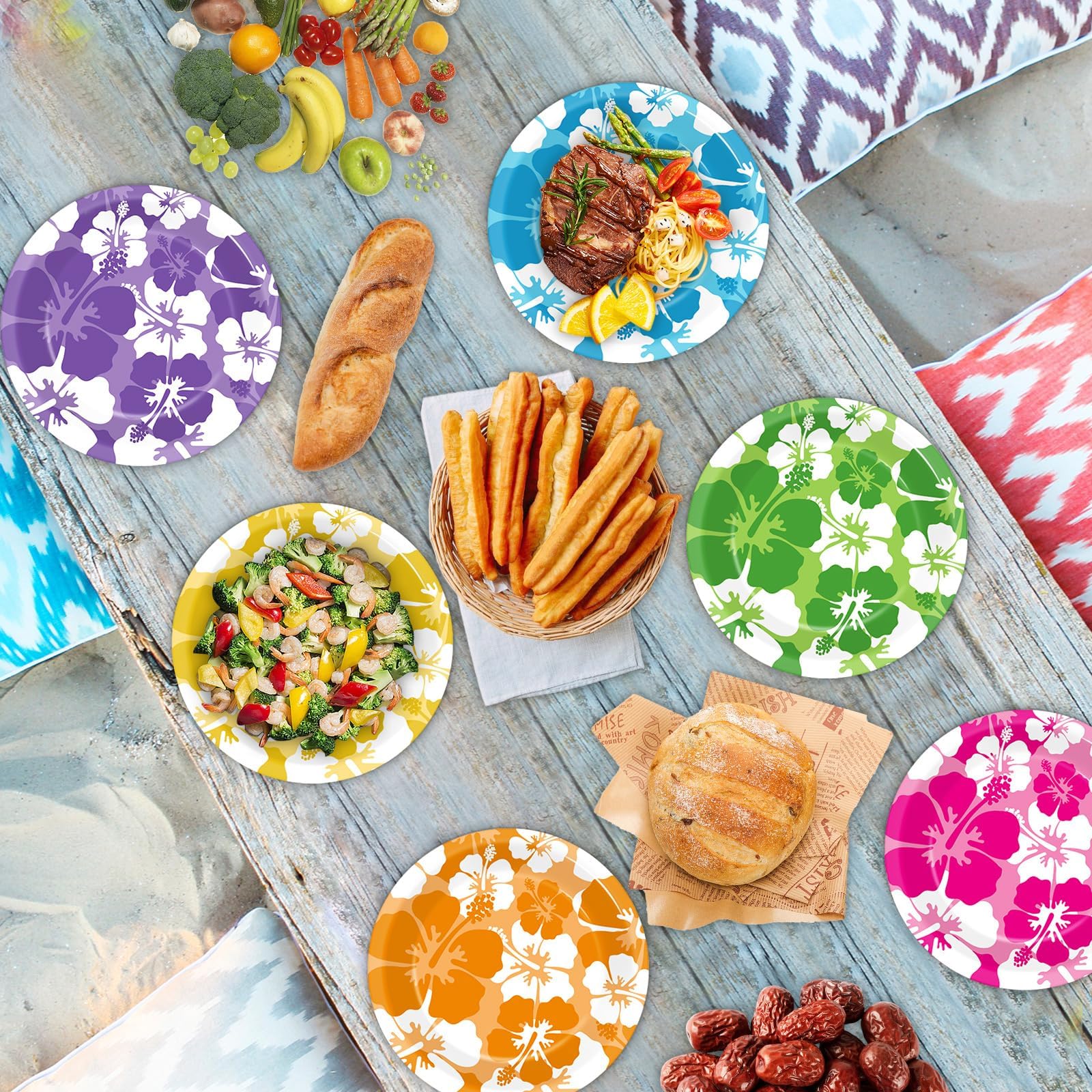 CHUNNIN 60-Pack Hibiscus Paper Plates - 7 Inch Disposable Party Plates for Summer Beach Birthday Pool Party Supplies