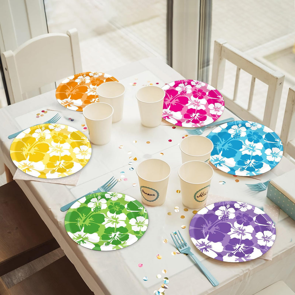 CHUNNIN 60-Pack Hibiscus Paper Plates - 7 Inch Disposable Party Plates for Summer Beach Birthday Pool Party Supplies