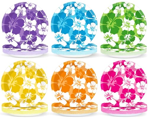 CHUNNIN 60-Pack Hibiscus Paper Plates - 7 Inch Disposable Party Plates for Summer Beach Birthday Pool Party Supplies