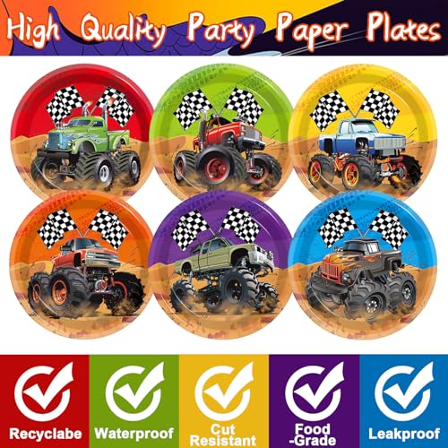 CHUNNIN 60-Piece Monster Truck Party Plates – 7 Inch Disposable Paper Plates with 6 Colorful Designs for Kids' Birthday Parties