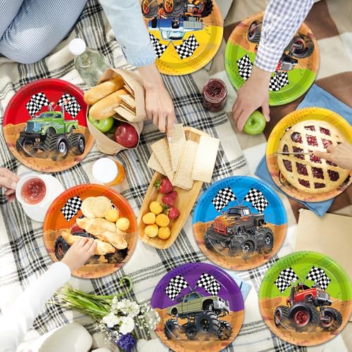 CHUNNIN 60-Piece Monster Truck Party Plates – 7 Inch Disposable Paper Plates with 6 Colorful Designs for Kids' Birthday Parties