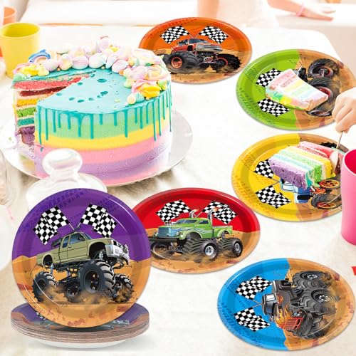 CHUNNIN 60-Piece Monster Truck Party Plates – 7 Inch Disposable Paper Plates with 6 Colorful Designs for Kids' Birthday Parties