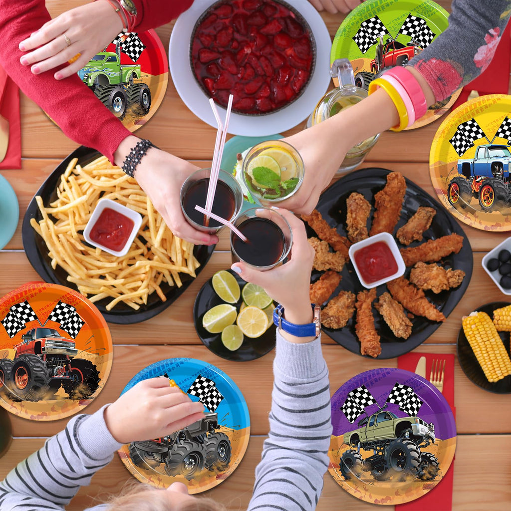 CHUNNIN 60-Piece Monster Truck Party Plates – 7 Inch Disposable Paper Plates with 6 Colorful Designs for Kids' Birthday Parties