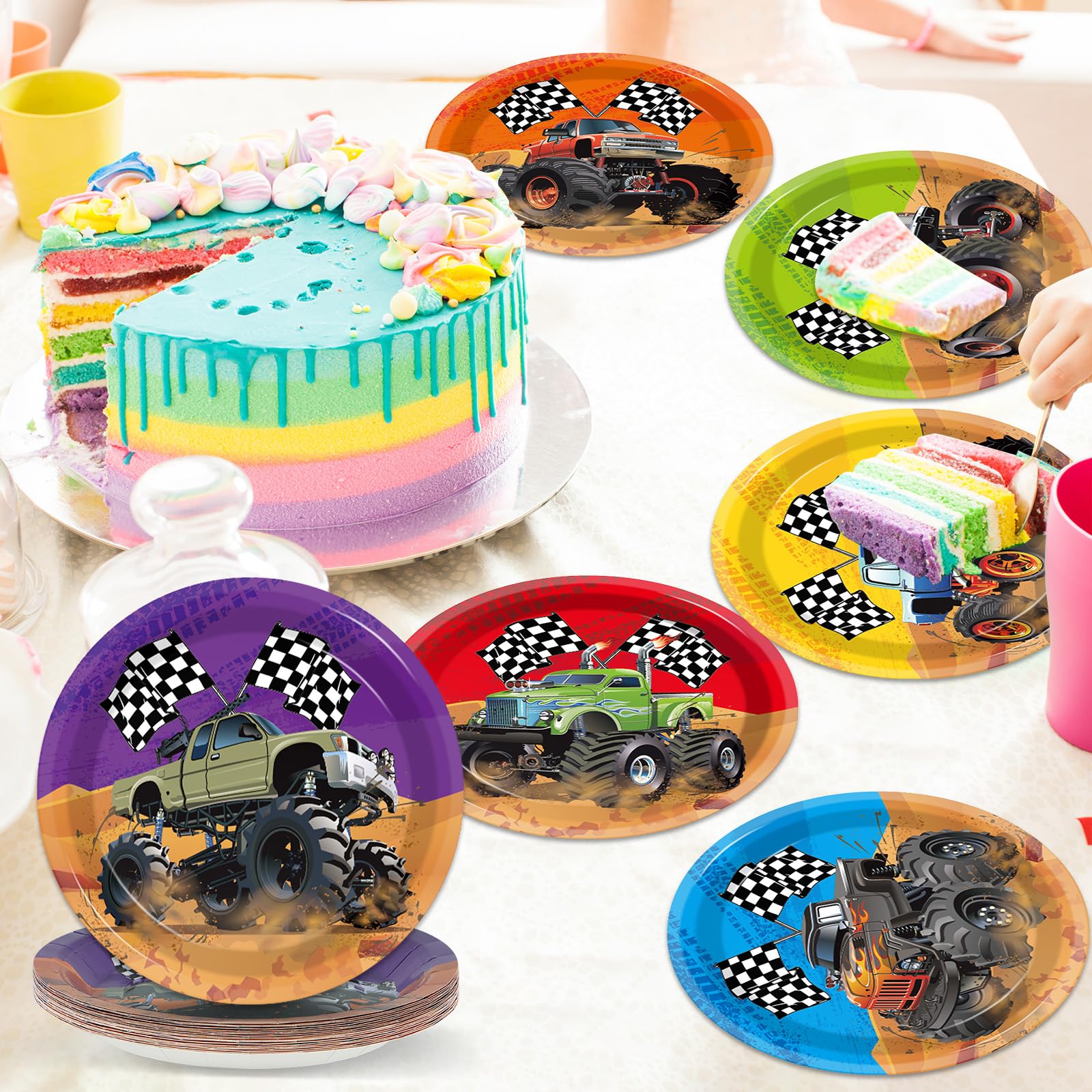 CHUNNIN 60-Piece Monster Truck Party Plates – 7 Inch Disposable Paper Plates with 6 Colorful Designs for Kids' Birthday Parties