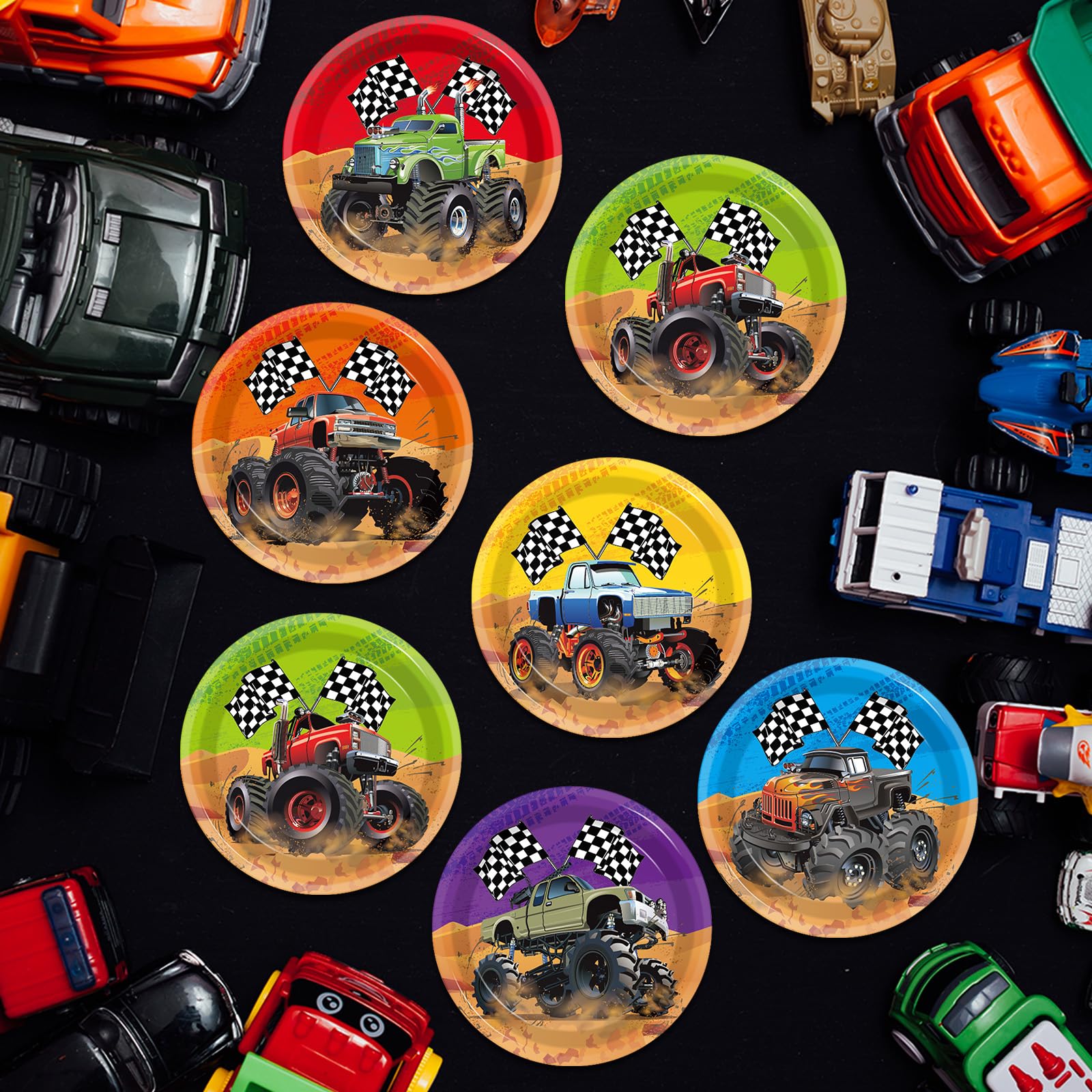 CHUNNIN 60-Piece Monster Truck Party Plates – 7 Inch Disposable Paper Plates with 6 Colorful Designs for Kids' Birthday Parties