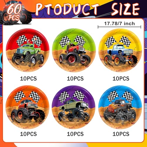 CHUNNIN 60-Piece Monster Truck Party Plates – 7 Inch Disposable Paper Plates with 6 Colorful Designs for Kids' Birthday Parties