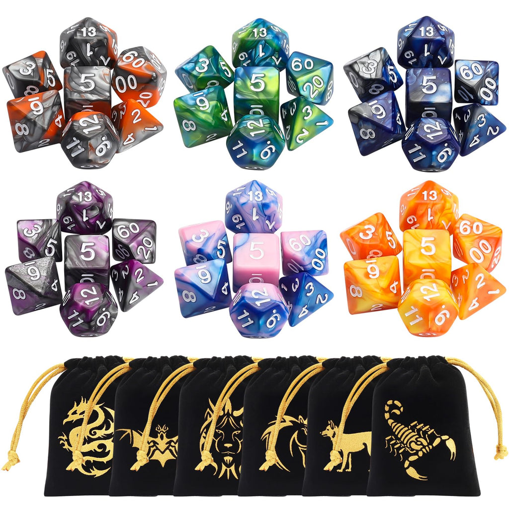 CiaraQ 42-Piece Polyhedral Dice Set – 6 Complete Sets for D&D RPG Games with Gold Pouches